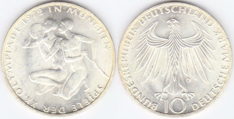 1972 D Germany silver 10 Mark (Olympic Games-Athletes) A001675